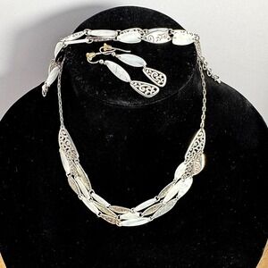 Brighton Silver Filigree Mother of Pearl Link Necklace Bracelet Earrings Retired